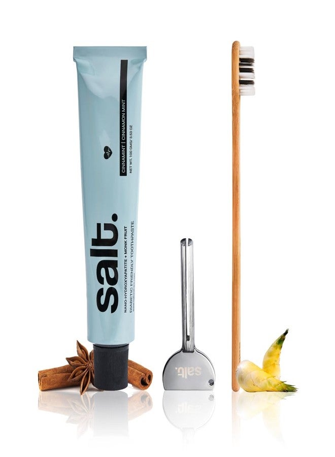 Salt. Oral Care Cinnamint Toothpaste (100g) - Diabetic Friendly + Squeezer Key + Eden Bamboo Toothbrush - Eco-Friendly & Biodegradable - Complete Oral Care Combo - Image 1